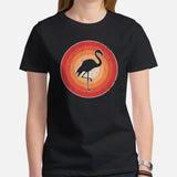 Camping T-Shirt - 80s Retro Flamingo Shirt - Presents, Gift Ideas for Bird & Nature Lovers, Birdwatchers, Birders - Happy Campers T-Shirt - Black, Women