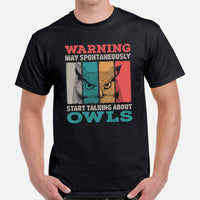 80s Retro Owl Indie Aesthetic T-Shirt- Cottagecore Granola Tee for Outdoorsy Birder, Birdwatcher - May Start Talking About Owls Shirt - Black, Men