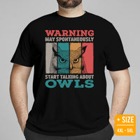 80s Retro Owl Indie Aesthetic T-Shirt- Cottagecore Granola Tee for Outdoorsy Birder, Birdwatcher - May Start Talking About Owls Shirt - Black, Large Size for Overweight