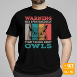 80s Retro Owl Indie Aesthetic T-Shirt- Cottagecore Granola Tee for Outdoorsy Birder, Birdwatcher - May Start Talking About Owls Shirt - Black, Large Size for Overweight