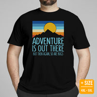 Camping & Hiking Shirt - Presents, Gift Ideas for Campers, Hikers, Nature Lovers - Happy Camper Tee Shirt - Adventure Is Out There T-Shirt - Black, Large Size for Overweight