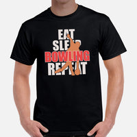 Men's & Women's Bowler T-Shirt, Outfit - Bowling Alley Themed Party Favors - Gift for Bowler - Funny Eat Sleep Bowling Repeat Tee - Black, Men