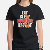 Men's & Women's Bowler T-Shirt, Outfit - Bowling Alley Themed Party Favors - Gift for Bowler - Funny Eat Sleep Bowling Repeat Tee - Black, Women