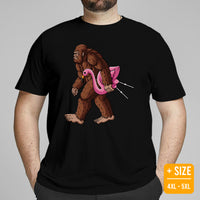 Camping & Hiking Shirt - Presents, Gift Ideas for Happy Campers & Hikers - Bigfoot Sasquatch Carrying A Flamingo Tee Shirt - Yeti Merch - Black, Large Size for Overweight