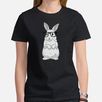 Adorable Hipster Rabbit & Hare T-Shirt - Easter Buck Bunny Tee - Ideal Gift for Rabbit Dad/Mom & Whisperer, Animal Lovers & Pet Owners - Black, Women