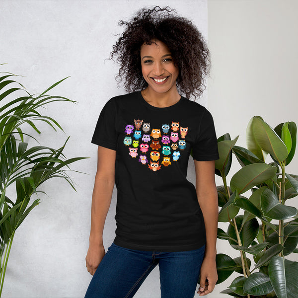 Camping T-Shirt - Presents, Gift Ideas for Bird & Nature Lovers, Birdwatchers, Birders - Happy Campers Shirt - Heart Shaped Woodsy Owl Tee - Black