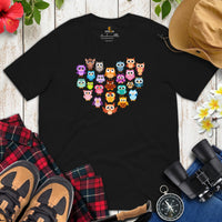 Camping T-Shirt - Presents, Gift Ideas for Bird & Nature Lovers, Birdwatchers, Birders - Happy Campers Shirt - Heart Shaped Woodsy Owl Tee - Black