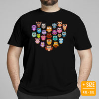 Camping T-Shirt - Presents, Gift Ideas for Bird & Nature Lovers, Birdwatchers, Birders - Happy Campers Shirt - Heart Shaped Woodsy Owl Tee - Black, Large Size for Overweight