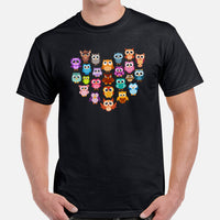Camping T-Shirt - Presents, Gift Ideas for Bird & Nature Lovers, Birdwatchers, Birders - Happy Campers Shirt - Heart Shaped Woodsy Owl Tee - Black, Men