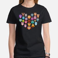 Camping T-Shirt - Presents, Gift Ideas for Bird & Nature Lovers, Birdwatchers, Birders - Happy Campers Shirt - Heart Shaped Woodsy Owl Tee - Black, Women