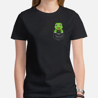 Adorable Tortoise In Pocket T-Shirt - Loggerhead, Land, Sea & Nautical Turtle Tee - Gift for Turtle & Animal Lovers - Safari Shirt - Black, Women