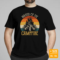 Adventure Awaits with Bonfire & Nature Vibes - Master of The Campfire T-Shirt - Campsite Vibes Tee for Glamping Lover, Camping Crew - Black, Plus Size