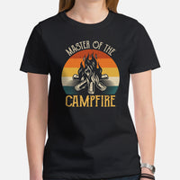 Adventure Awaits with Bonfire & Nature Vibes - Master of The Campfire T-Shirt - Campsite Vibes Tee for Glamping Lover, Camping Crew - Black, Women