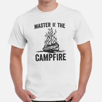 Adventure-Ready Tee | Master of The Campfire T-Shirt | Bonfire Shirt | Camping Lover, Glamping Crew, Outdoor Campsite Vibes Shirt - White, Men