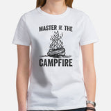 Adventure-Ready Tee | Master of The Campfire T-Shirt | Bonfire Shirt | Camping Lover, Glamping Crew, Outdoor Campsite Vibes Shirt - White, Women