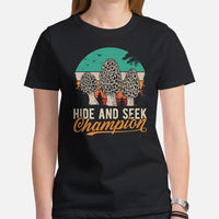 Aesthetic Goblincore Shirt - Vintage Cottagecore, Hikecore, Forestcore Tee for Forager, Mushroom Hunter - Hike And Seek Champion Shirt - Black, Women