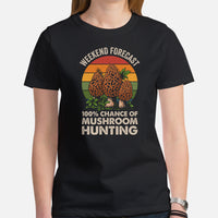 Camping & Hiking T-Shirt - Mushroom Shirt - Presents, Gift Ideas for Campers, Nature Lovers - Weekend 100% Chance of Mushroom Hunting Shirt - Black, Women