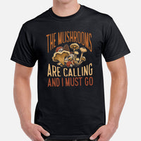 Aesthetic Goblincore T-Shirt - Cottagecore, Hikecore Tee for Forager, Mushroom Hunter - The Mushrooms Are Calling & I Must Go Shirt - Black, Men