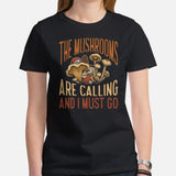Aesthetic Goblincore T-Shirt - Cottagecore, Hikecore Tee for Forager, Mushroom Hunter - The Mushrooms Are Calling & I Must Go Shirt - Black, Women