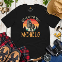 Aesthetic Goblincore T-Shirt - Vintage Cottagecore, Forestcore Tee for Foragers, Mushroom Hunters - Life Is Good With Morels Shirt - Black