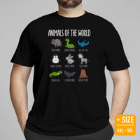 Animals of The World Geeky T-Shirt - Bat, Raccon, Bunny, Snake, Grizzly Bear, Crocodile Cottagecore Shirt - Gift for Wildlife Lovers - Black, Plus Size