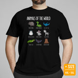 Animals of The World Geeky T-Shirt - Bat, Raccon, Bunny, Snake, Grizzly Bear, Crocodile Cottagecore Shirt - Gift for Wildlife Lovers - Black, Plus Size