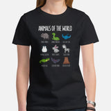 Animals of The World Geeky T-Shirt - Bat, Raccon, Bunny, Snake, Grizzly Bear, Crocodile Cottagecore Shirt - Gift for Wildlife Lovers - Black, Women