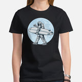 Astronaut Surfing Shirt - Beach Vacation Outfit, Attire - Gift Ideas for Surfer, Outdoorsman, Nature Lovers - Surf To The Moon Tee - Black, Women