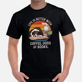 Australian Shepherd Dog Clothes - Canine Tee Shirts For Humans - Gifts for Dog Lovers - Life Is Better With Dogs, Books & Coffee Shirt - Black, Men