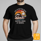 Australian Shepherd Dog Clothes - Canine Tee Shirts For Humans - Gifts for Dog Lovers - Life Is Better With Dogs, Books & Coffee Shirt - Black, Plus Size