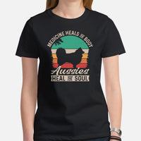 Australian Shepherd Dog Themed Clothes & Attire - Canine Tee Shirts For Humans - Gifts for Dog Lovers - Aussies Heal The Soul T-Shirt - Black, Women