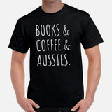 Australian Shepherd Dog Themed Clothes - Funny Canine Tee Shirts For Humans - Gifts for Dog Lovers - Books, Coffee And Aussies T-Shirt - Black, Men