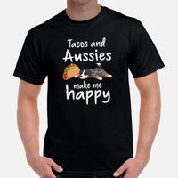 Australian Shepherd Dog Themed Clothes - Funny Canine Tee Shirts For Humans - Gifts for Dog Lovers - Tacos & Aussie Make Me Happy Shirt - Black, Men