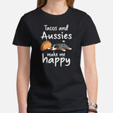 Australian Shepherd Dog Themed Clothes - Funny Canine Tee Shirts For Humans - Gifts for Dog Lovers - Tacos & Aussie Make Me Happy Shirt - Black, Women