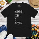 Australian Shepherd Dog Themed Clothes - Funny Canine Tee Shirts For Humans - Gifts for Dog Lovers - Weekends, Coffee & Aussies T-Shirt - Black