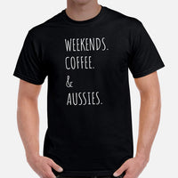 Australian Shepherd Dog Themed Clothes - Funny Canine Tee Shirts For Humans - Gifts for Dog Lovers - Weekends, Coffee & Aussies T-Shirt - Black, Men