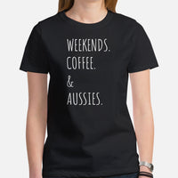 Australian Shepherd Dog Themed Clothes - Funny Canine Tee Shirts For Humans - Gifts for Dog Lovers - Weekends, Coffee & Aussies T-Shirt - Black, Women