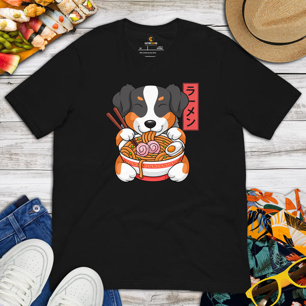 Australian Shepherd Dog Themed Clothes - Funny Canine Tee Shirts For Humans - Gifts for Sushi & Dog Lovers - Cute Ramen Noodles T-Shirt - Black