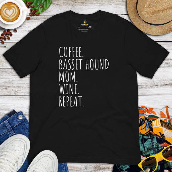 Basset Hound Dog Themed Clothes - Canine Tee Shirts For Humans - Gifts for Dog Lovers - Coffee, Basset Hound Mom, Wine, Repeat T-Shirt - Black