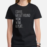 Basset Hound Dog Themed Clothes - Canine Tee Shirts For Humans - Gifts for Dog Lovers - Coffee, Basset Hound Mom, Wine, Repeat T-Shirt - Black, Women