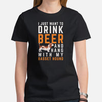 Basset Hound Dog Themed Clothes - Canine Tee Shirts For Humans - Gifts for Dog Lovers - I Just Want To Drink Beer, Hang With My Dog Tee - Black, Women