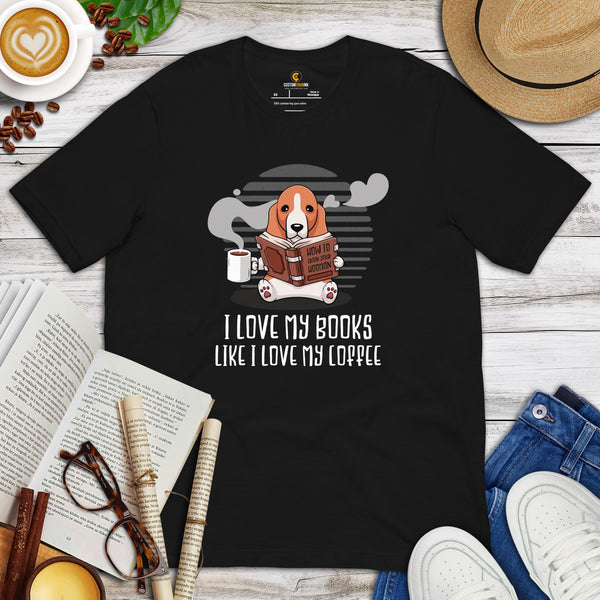 Basset Hound Dog Themed Clothes - Canine Tee Shirts For Humans - Gifts for Dog Lovers - I Love My Book Like I Love My Coffee T-Shirt - Black