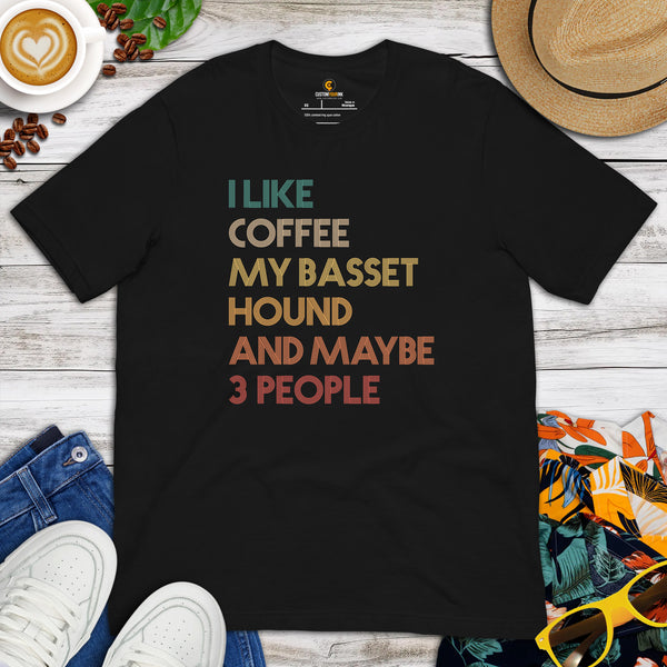 Basset Hound Dog Themed Clothes - Funny Canine Tee Shirts For Humans - Gifts for Dog Lovers - I Like Coffee And My Basset Hound T-Shirt - Black