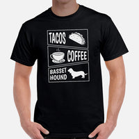 Basset Hound Dog Themed Clothes - Funny Canine Tee Shirts For Humans - Gifts for Dog Lovers - Tacos, Coffee And Basset hounds T-Shirt - Black, Men