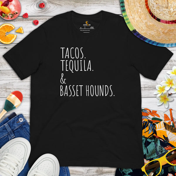 Basset Hound Dog Themed Clothes - Funny Canine Tee Shirts For Humans - Gifts for Dog Lovers - Tacos, Tequila And Basset hounds T-Shirt - Black