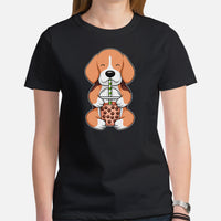 Beagle Dog Themed Clothes & Attire - Gifts for Dog Lovers - Funny Canine Tee Shirts For Humans - Beagle Enjoying A Bubble Tea Cup Shirt - Black, Women