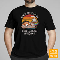 Beagle Dog Themed Clothes - Gifts for Dog Lovers - Funny Canine Tee Shirts For Humans - Life Is Better With Dogs, Books & Coffee Shirt - Black, Plus Size