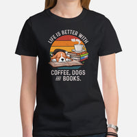 Beagle Dog Themed Clothes - Gifts for Dog Lovers - Funny Canine Tee Shirts For Humans - Life Is Better With Dogs, Books & Coffee Shirt - Black, Women