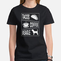 Beagle Dog Themed Clothes - Gifts for Dog Moms, Dads & Lovers - Funny Canine Tee Shirts For Humans - Tacos, Coffee And Beagle T-Shirt - Black, Women