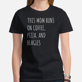 Beagle Dog Themed Clothes - Gifts for Dog Moms & Lovers - Funny Canine Tee Shirts For Humans - This Mom Runs On Coffee & Pizza T-Shirt - Black, Women